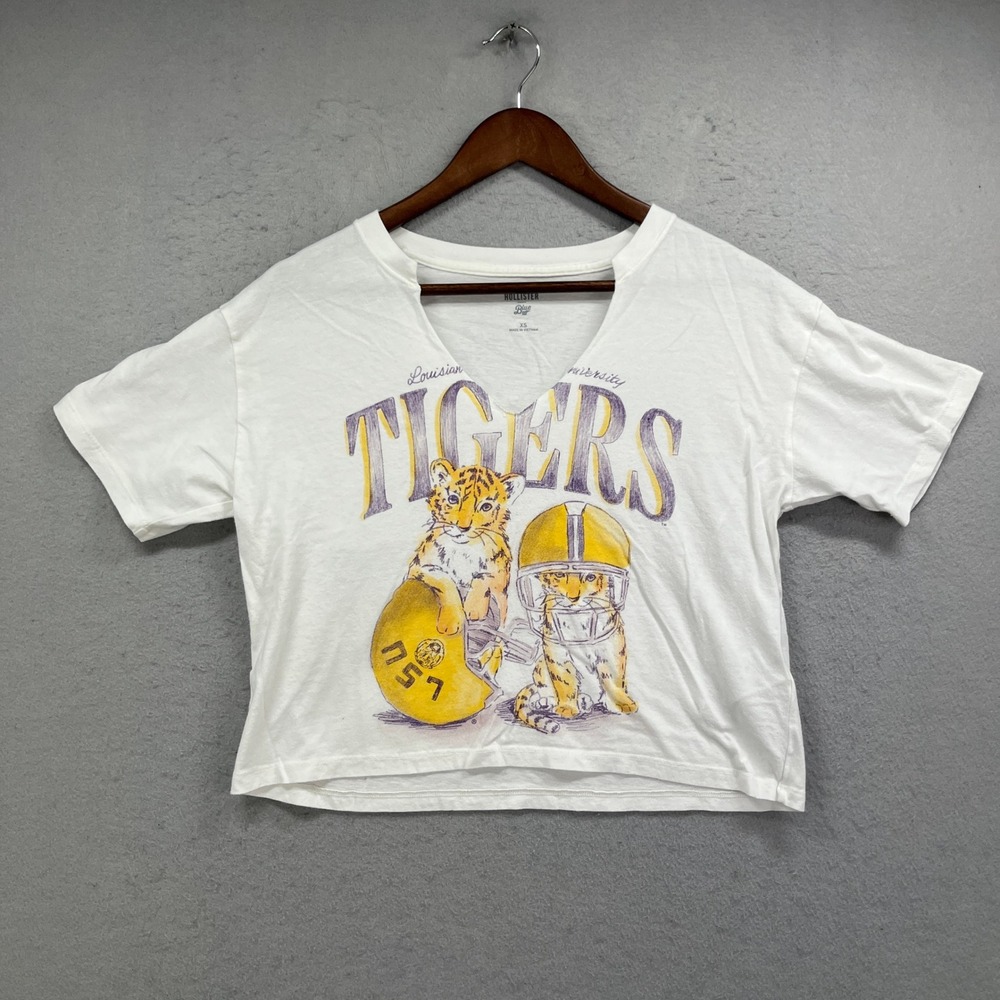 LSU Tigers Hollister Shirt Women XS White Graphic Crop V-Neck Gameday Tee Cute